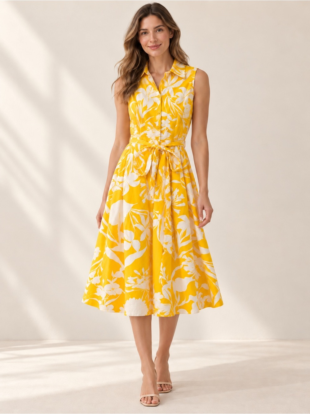 Calvin Klein Yellow and White Floral Shirtwaist Midi Dress